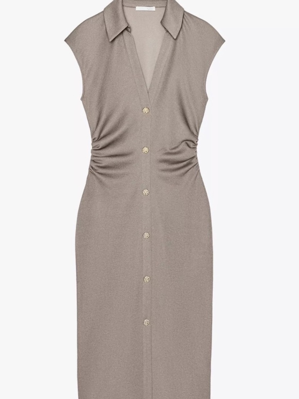 Zara Brown/Tan Ruched Midi Dress with Notched Collar - Small